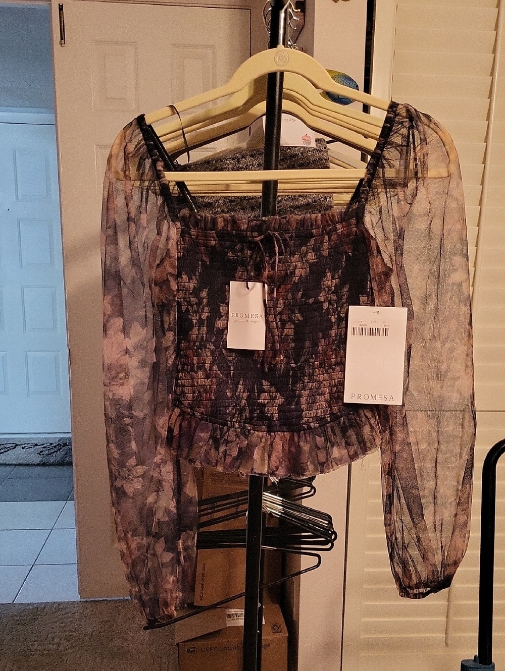 Promesa Floral Smocked Sheer Blouse - Purple & Black PTP 14" Length 17S 19L